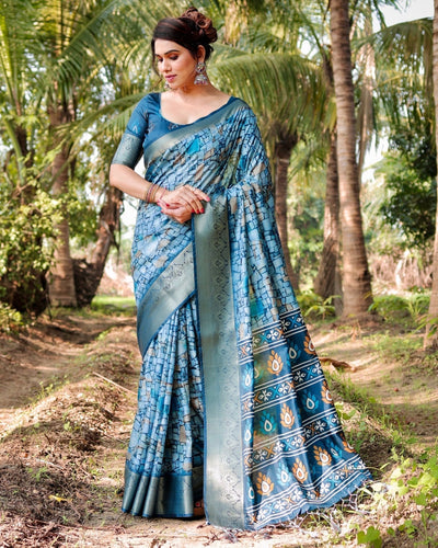 Mesmerizing Blue Tussar Silk Saree with Golden Zari Border and Mosaic-Inspired Pallu Design
