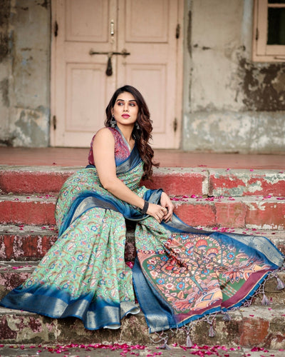 Majestic Blue and Green Digital Print Saree with Intricate Floral Motifs and Contrasting Pallu