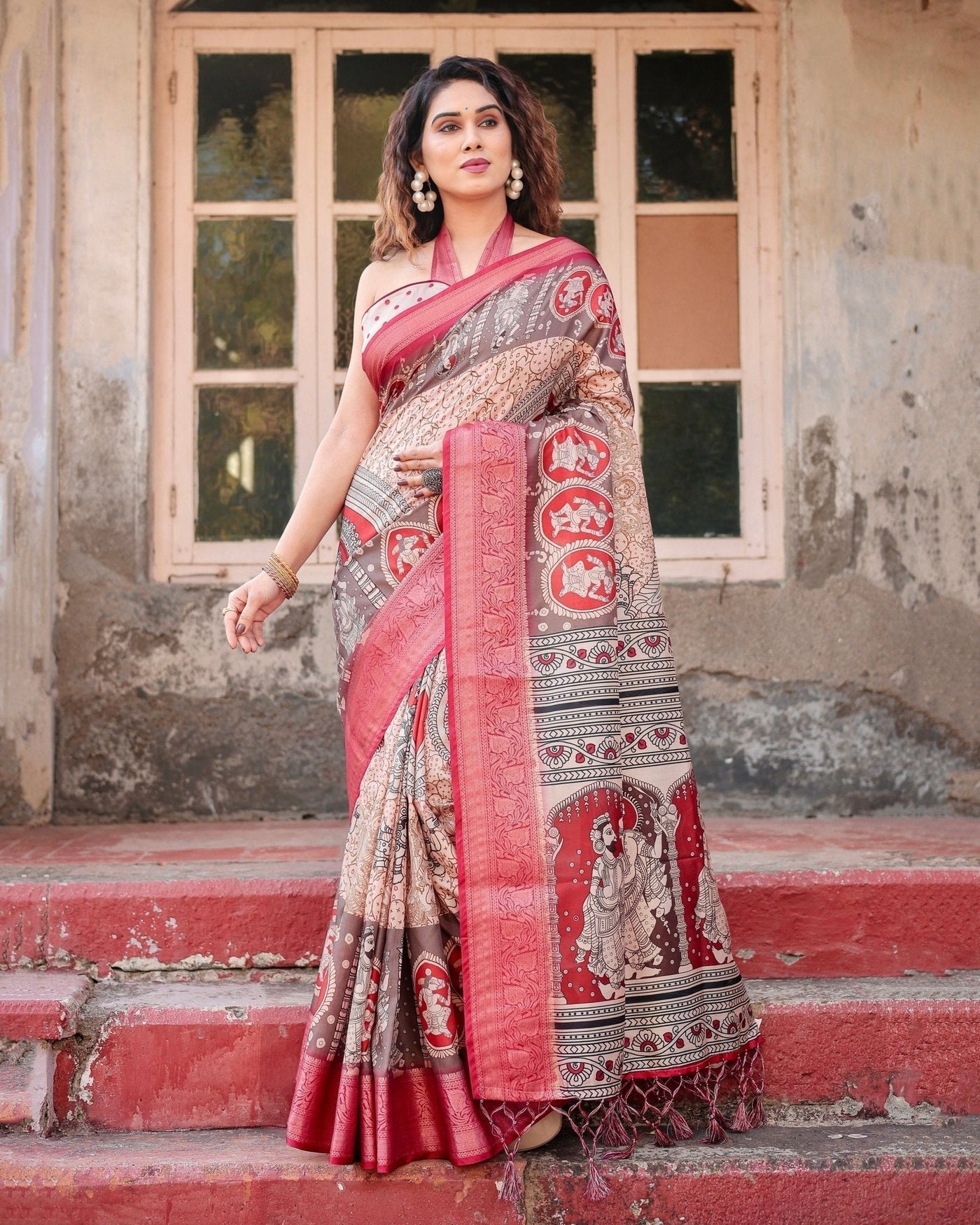 Beige and Red Tussar Silk Saree with Traditional Motifs and Ornamental Zari Border