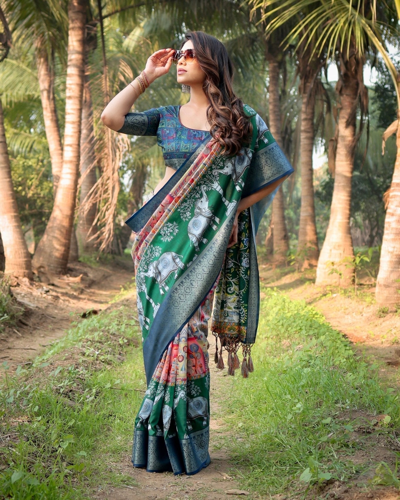 Multicolored Digital Print Tussar Silk Saree with Intricate Zari Border and Elephant Motif Pallu