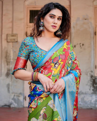 Multicolor Folk Art Inspired Digital Print Tussar Silk Saree with Sky Blue Zari Border