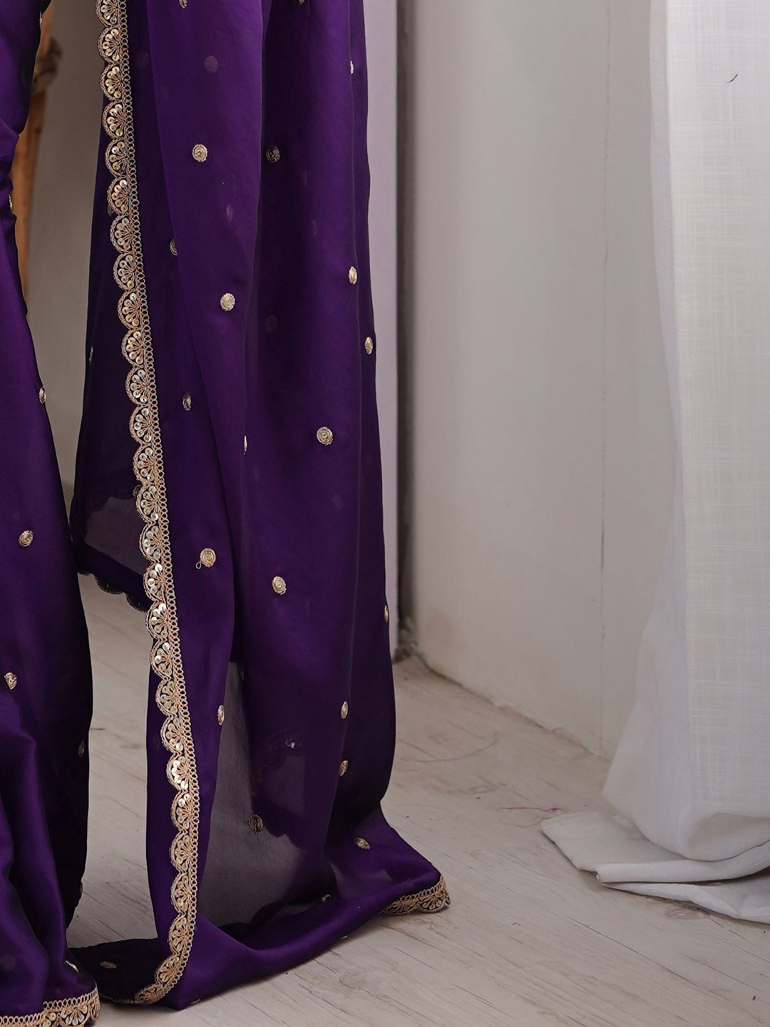 Royal Purple Georgette Saree with Golden Zari Lace Border & Sequin Work – Elegant Party & Wedding Wear