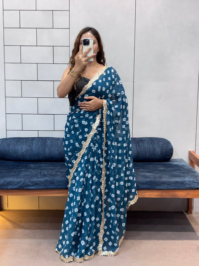 Teal Blue Bandhani Georgette Saree with Designer embroidery  Lace Border & Running Blouse