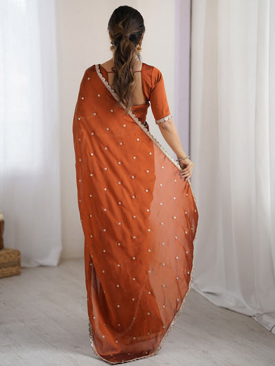 Royal Brown Georgette Saree with Golden Zari Lace Border & Sequin Work – Elegant Party & Wedding Wear