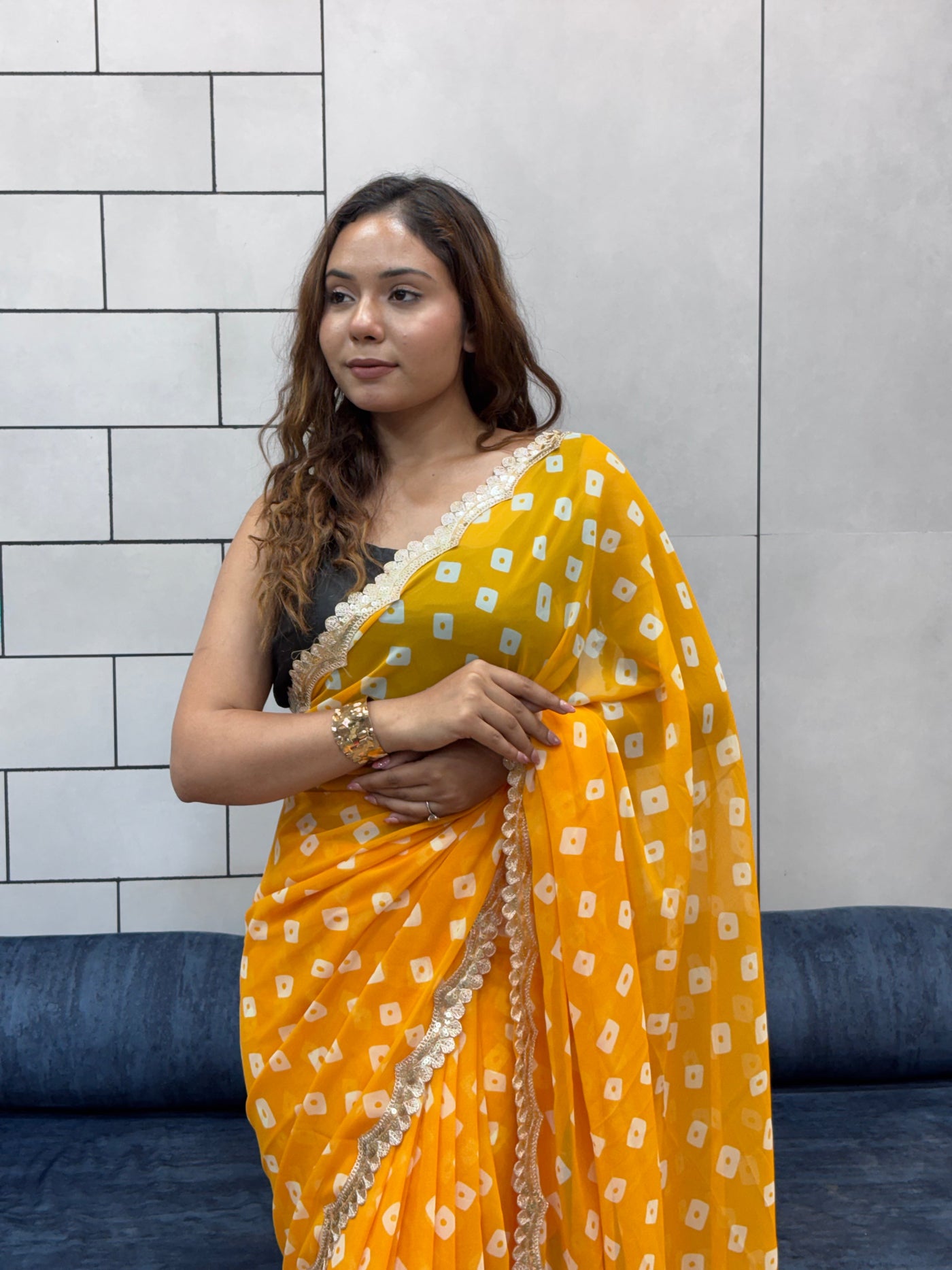 Sunflower Yellow Bandhani Georgette Saree with embroidery   Lace Border & Running Blouse
