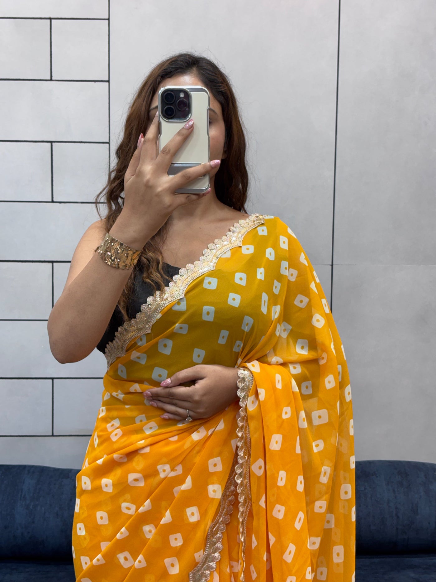 Sunflower Yellow Bandhani Georgette Saree with embroidery   Lace Border & Running Blouse